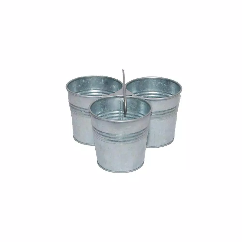 Benzara Galvanized Steel Gray Cutlery Holder with 3 Buckets and Ring Handle
