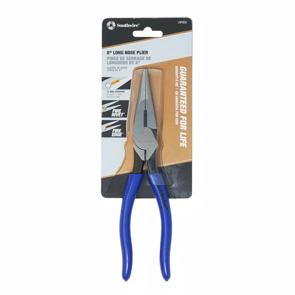 Southwire 8 in. Heavy-Duty Long-Nose Pliers with Side Cutter and Wire Stripper, Forged Steel
