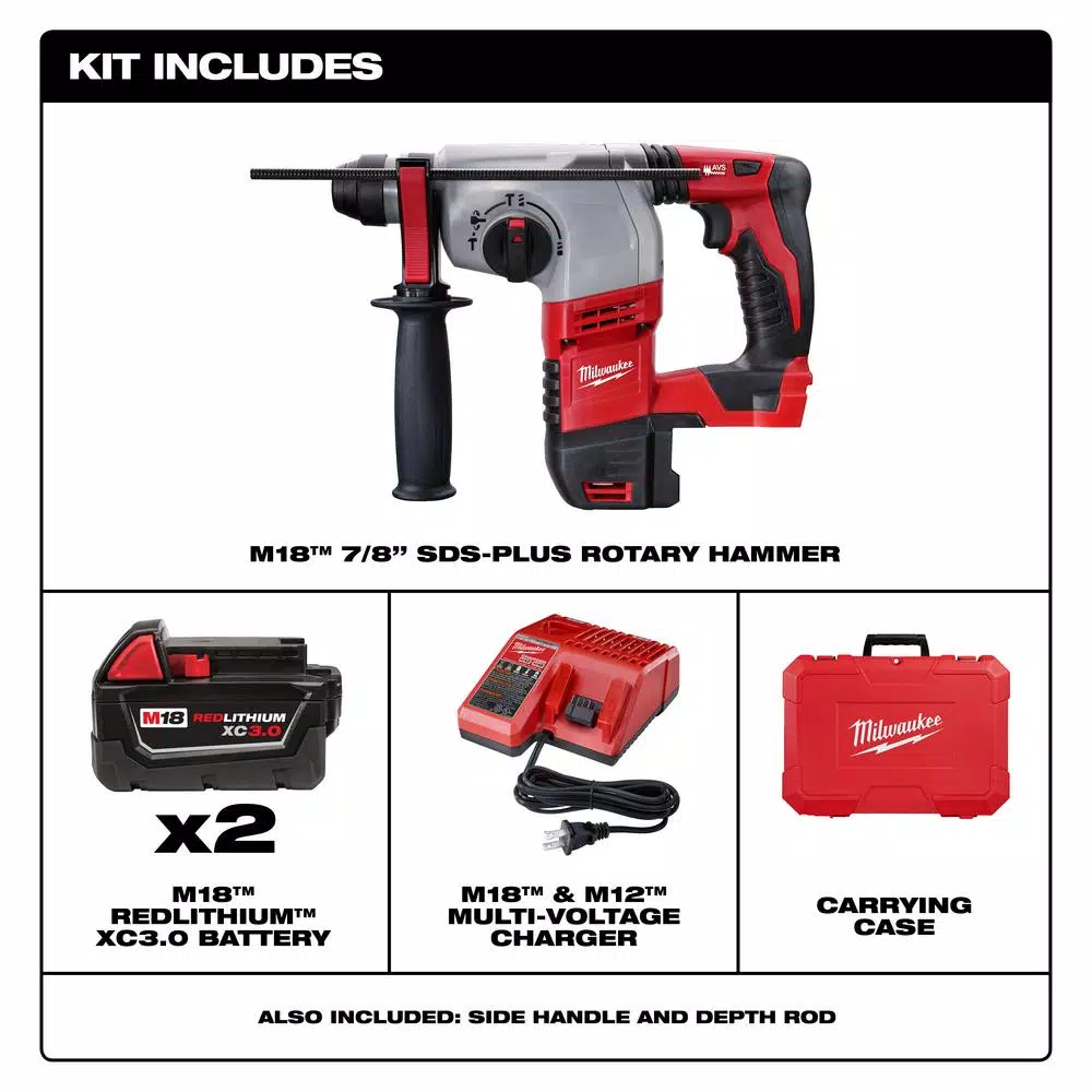Milwaukee M18 18V SDS-Plus Cordless Rotary Hammer Kit with (2) 3.0Ah Batteries, Charger, and Hard Case