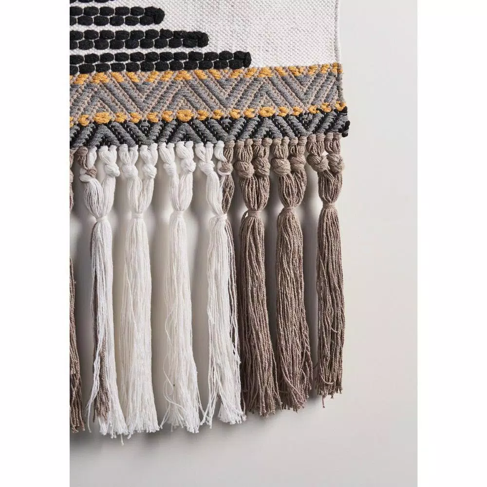 LR Home Trellis Neutral Black and Gray Geometric Fringe Wall Tapestry - Hand-Loomed Cotton Wall Hanging