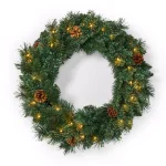 Noble House 24 in. Mixed Pine Artificial Christmas Wreath with Pine Cones and Warm White LED Lights, Battery Operated thumbnail 1