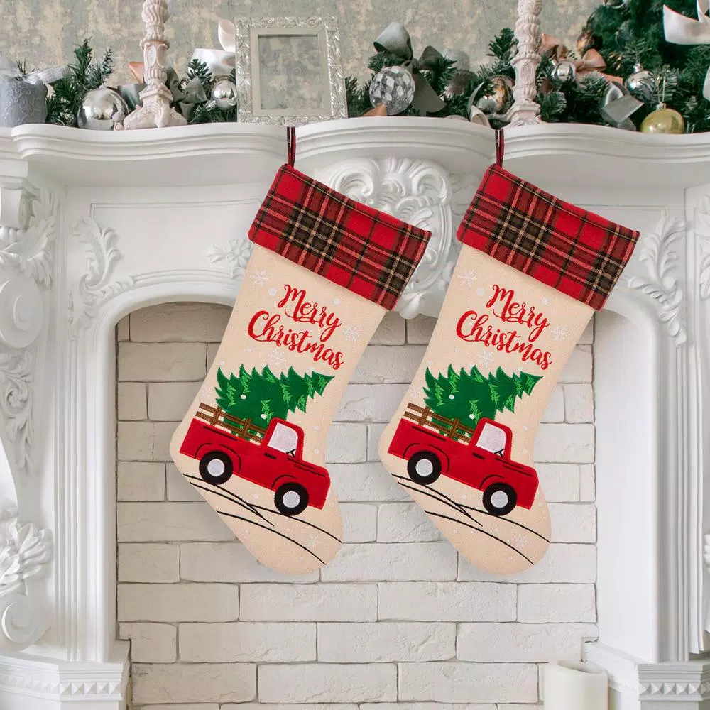 Glitzhome 21 in. Polyester Embroidered Linen Style Christmas Stocking Set, 2-Pack