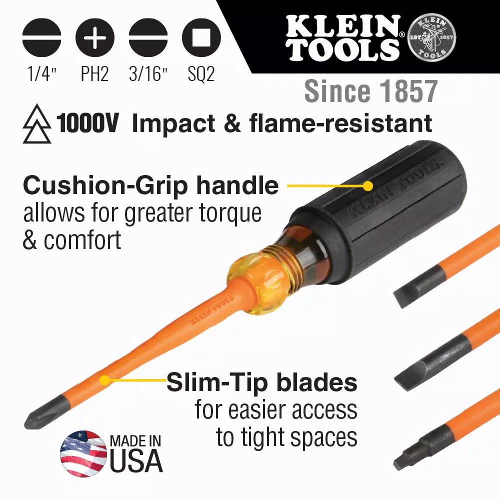 Klein Tools 4-Piece Slim-Tip Insulated Screwdriver Set, 1000V Rated