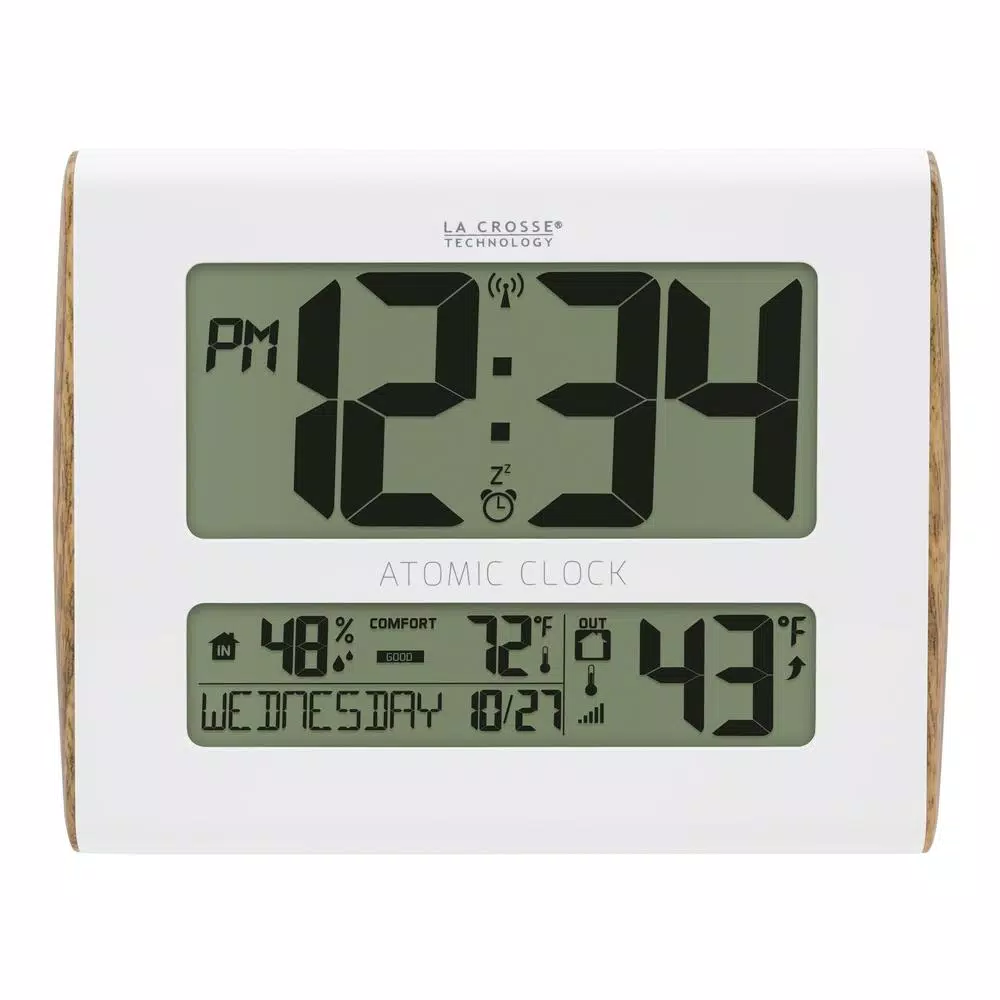 La Crosse Technology Digital Atomic Faux Wood Sided Wall Clock with Indoor/Outdoor Temperature and Humidity
