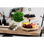 LITTON LANE Tall Natural Beige Birch Wood 2-Tier Round Serving Tray Stand with Wood Bead Accents thumbnail 6