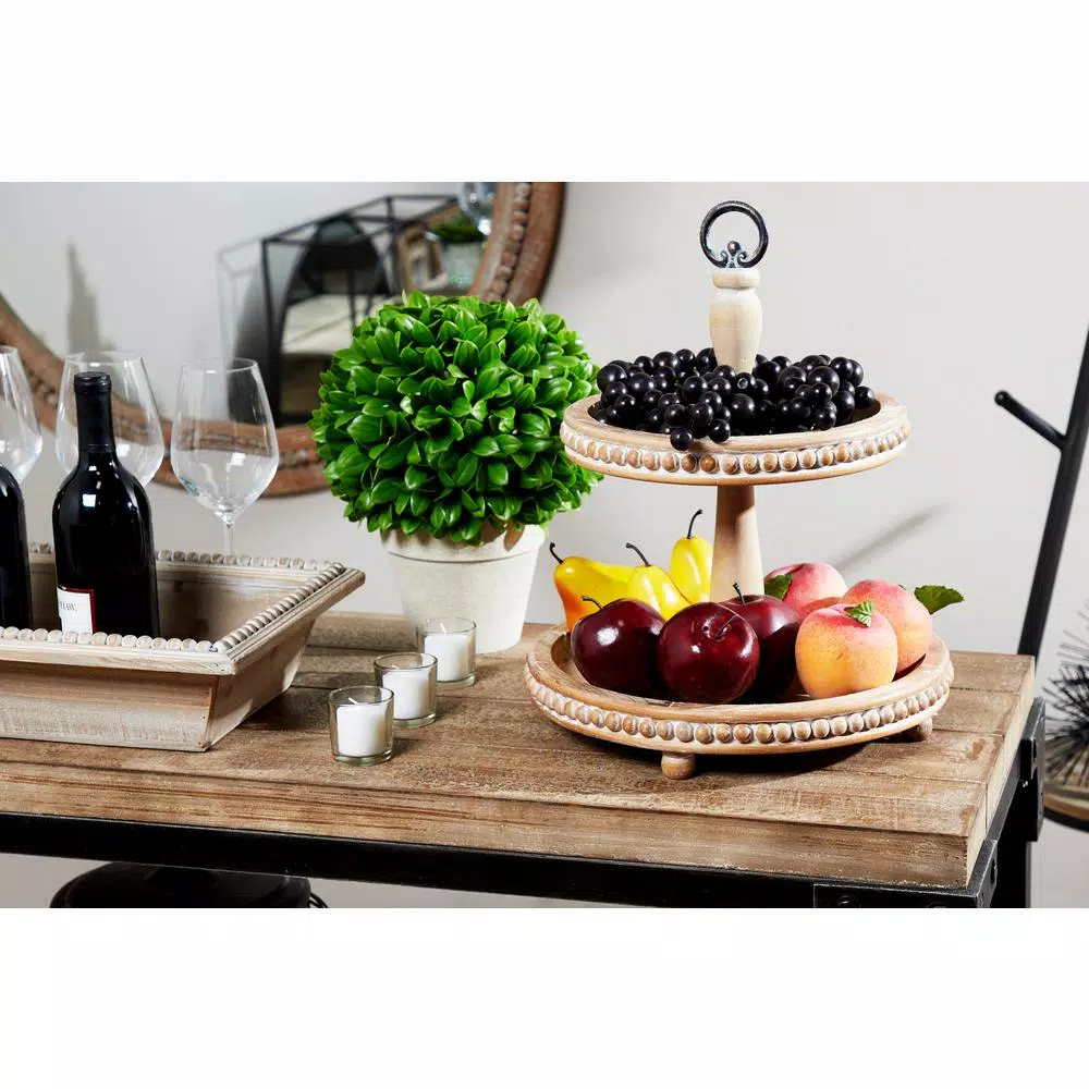 LITTON LANE Tall Natural Beige Birch Wood 2-Tier Round Serving Tray Stand with Wood Bead Accents