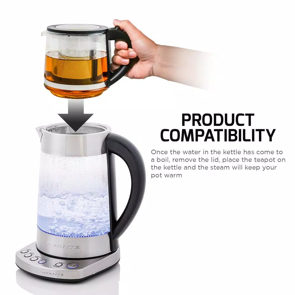 Ovente 1.7L Stainless Steel Glass Electric Kettle with ProntoFill Technology and 27-Oz Teapot Bundle