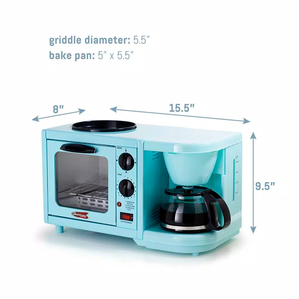 Elite Americana by Elite 3-in-1 Mini Breakfast Shoppe - 500W Toaster Oven, 4-Cup Coffee Maker & 6 in. Griddle, Blue