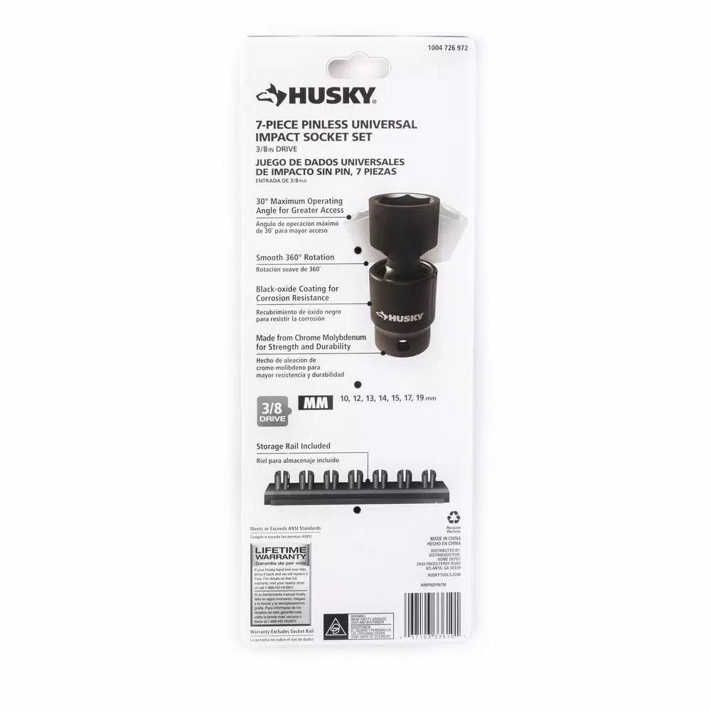 Husky 3/8 in. Drive Metric Pinless Universal Impact Socket Set, 7-Piece
