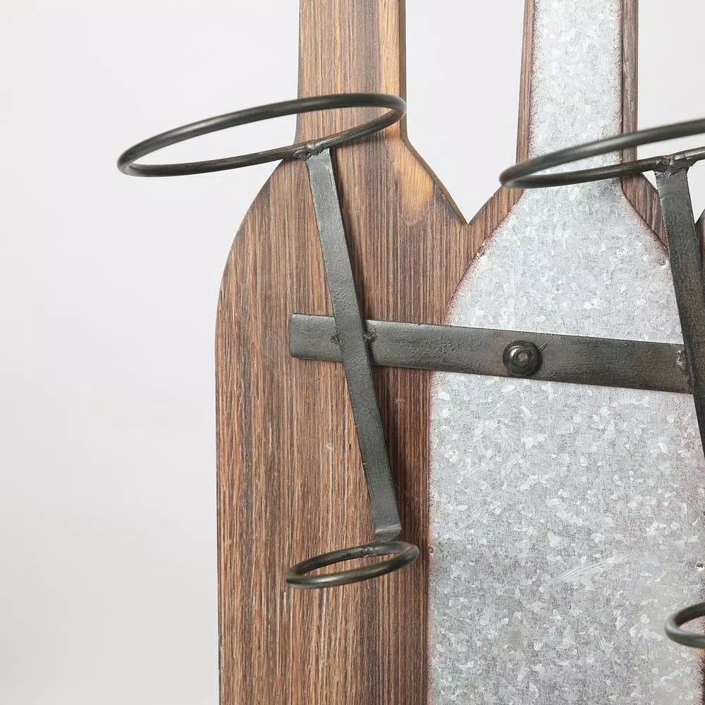 Luxen Home Rustic Wood & Metal Wall Mounted Wine Rack - Holds 3 Bottles & 4 Glasses