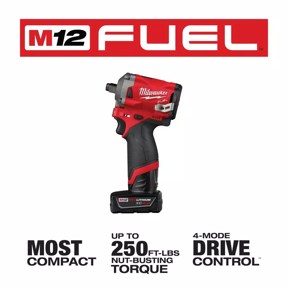 Milwaukee M12 FUEL 1/2 in. Stubby Brushless Cordless Impact Wrench Kit with Two Batteries and Charger