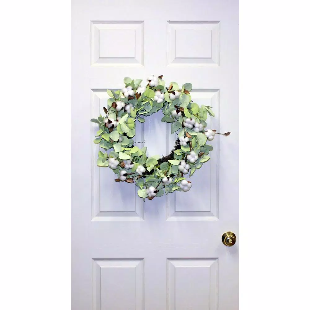 Worth Imports 24 in. Cotton and Seed Pod Wreath with Pale Green Leaves on Natural Twig Base