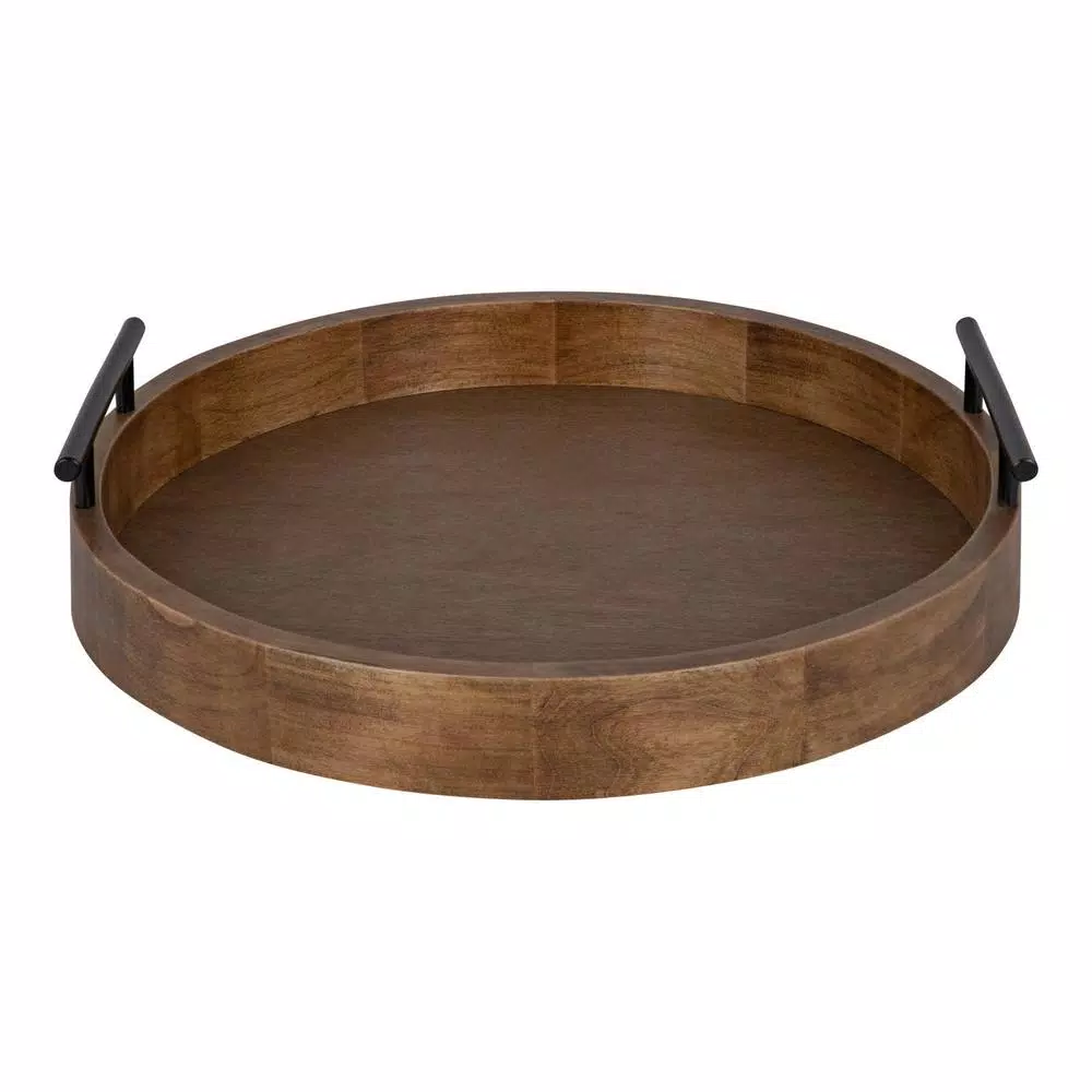 Kate and Laurel Lipton 18 in. Round Natural Wood Decorative Tray with Metal Handles