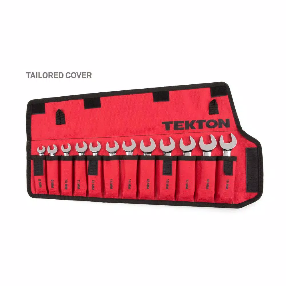 TEKTON 12-Piece Metric Stubby Ratcheting Combination Wrench Set (8-19 mm) with Storage Pouch
