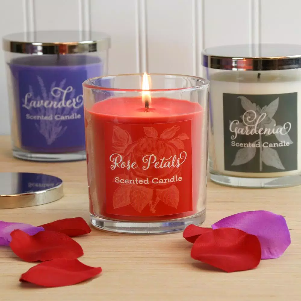 LUMABASE Floral Collection Scented Candles Set of 3 - Gardenia, Rose Petals, and Lavender - 10 oz Glass Jars