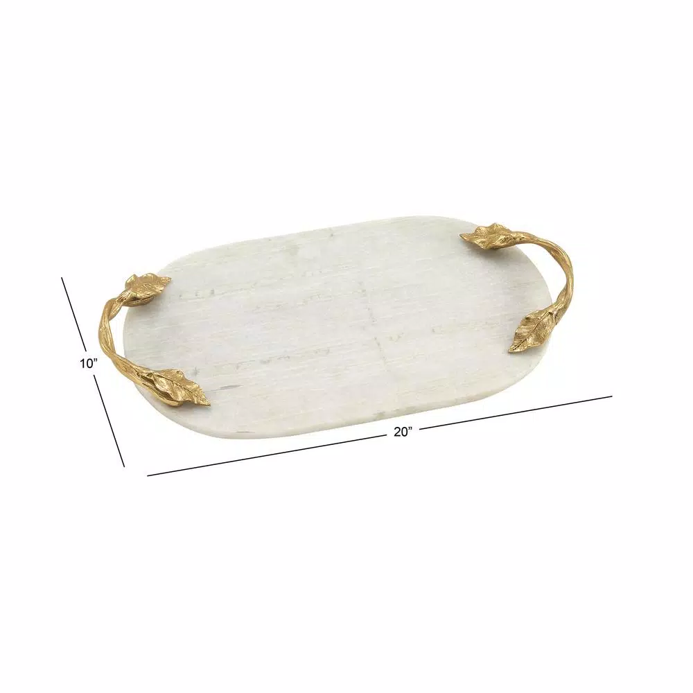 LITTON LANE 20 in. White Marble Oval Decorative Tray with Gold Leaf and Vine Aluminum Handles