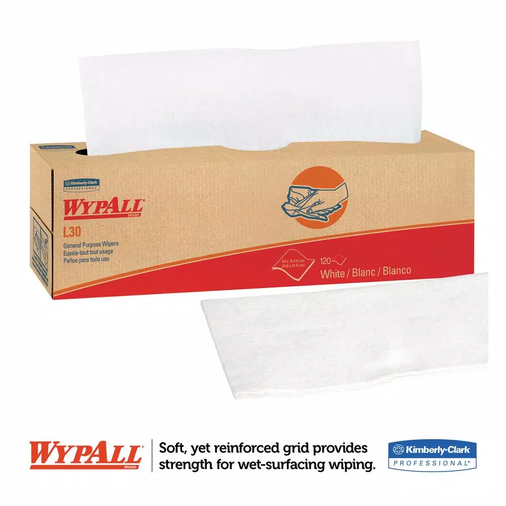 Wypall L30 White Pop-Up Wipers, Cloth-Like Disposable Wipes (8 Boxes of 100)