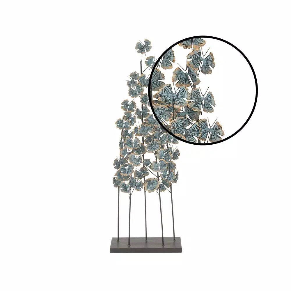 LITTON LANE Iron Metal Turquoise Ginkgo Leaves Sculpture with Gold Outline and Rectangular Base