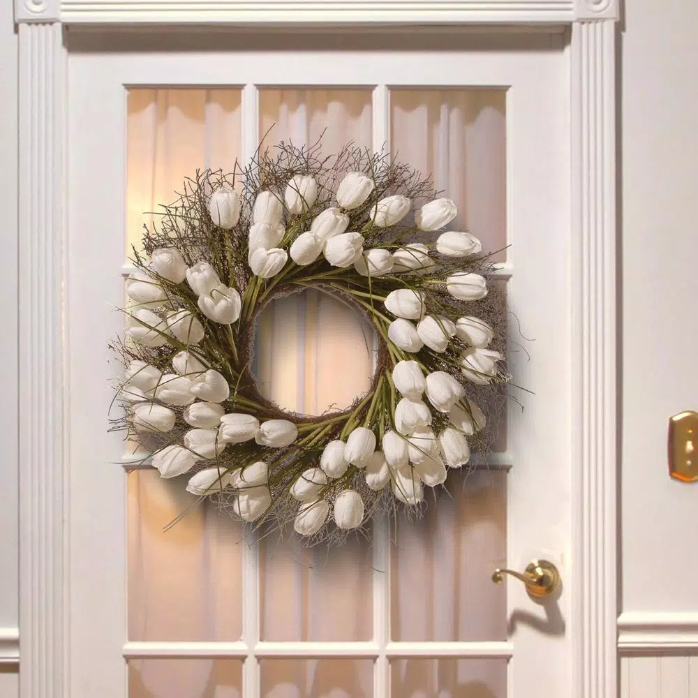 National Tree Company 24 in. White Tulip Wreath with Green Stems and Bristle Branch Base