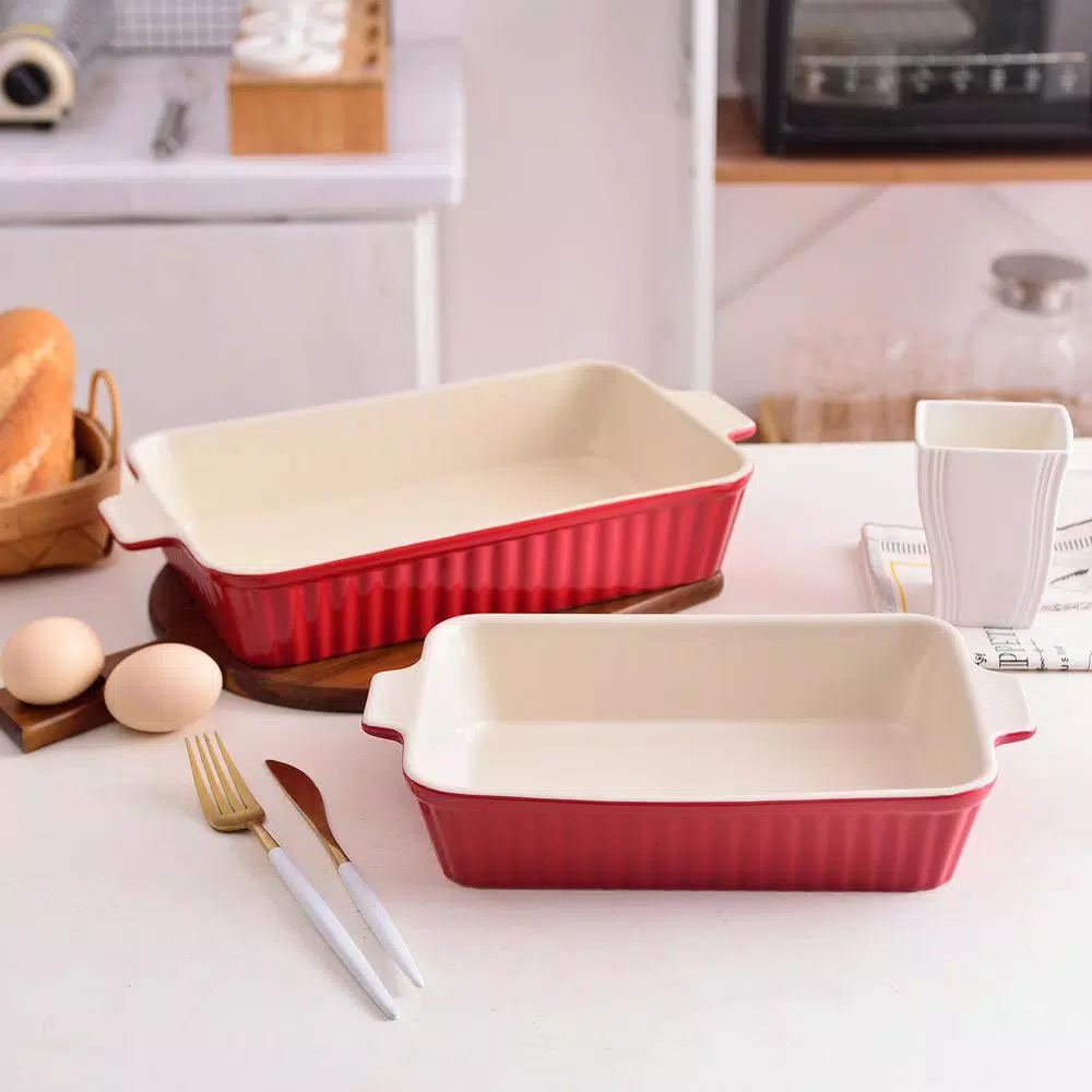 MALACASA 2-Piece Red Porcelain Rectangle Bakeware Set, 12 in. and 13 in. Ceramic Baking Dishes