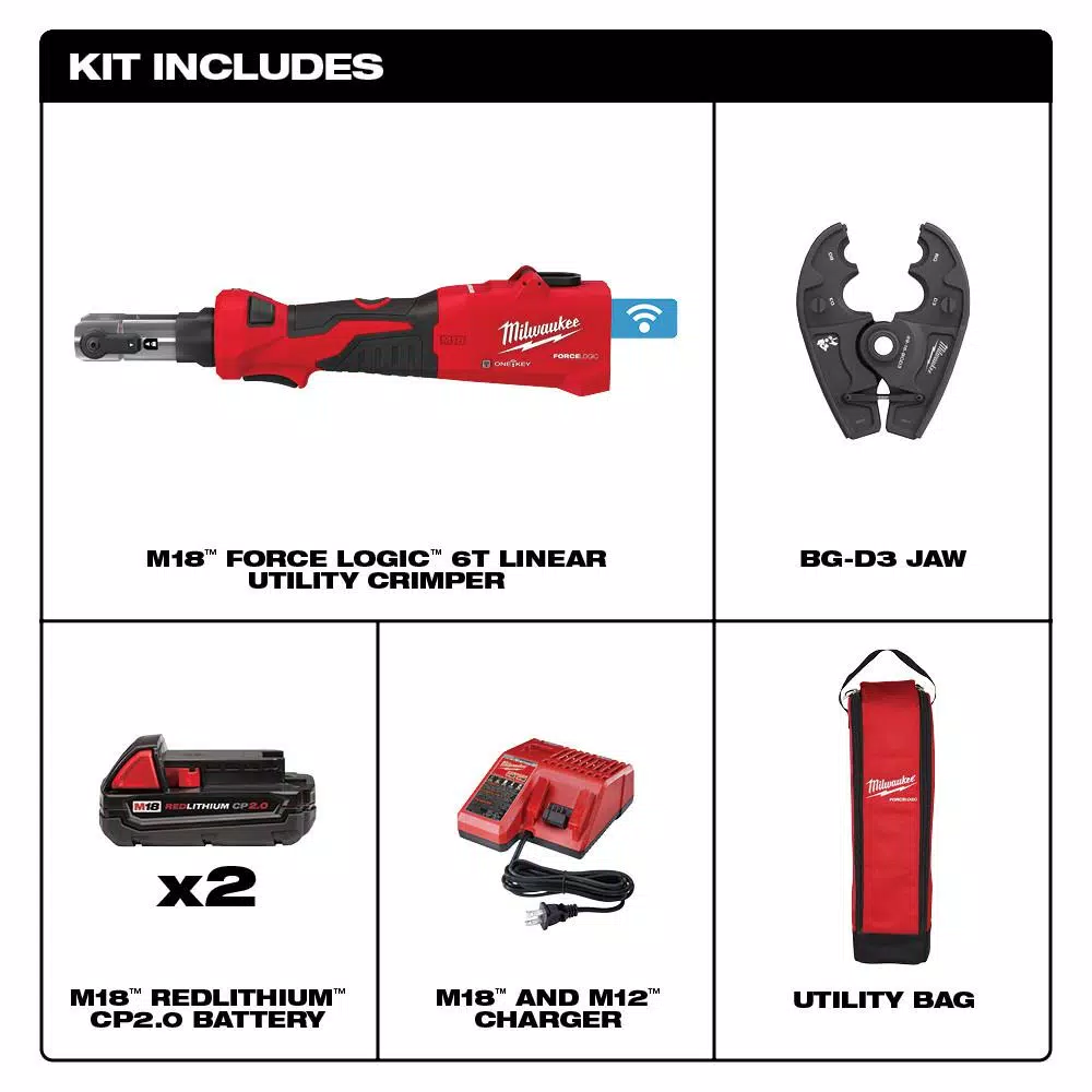 Milwaukee M18 FORCE LOGIC 6-Ton Cordless Utility Crimping Kit with BG-D3 Jaw