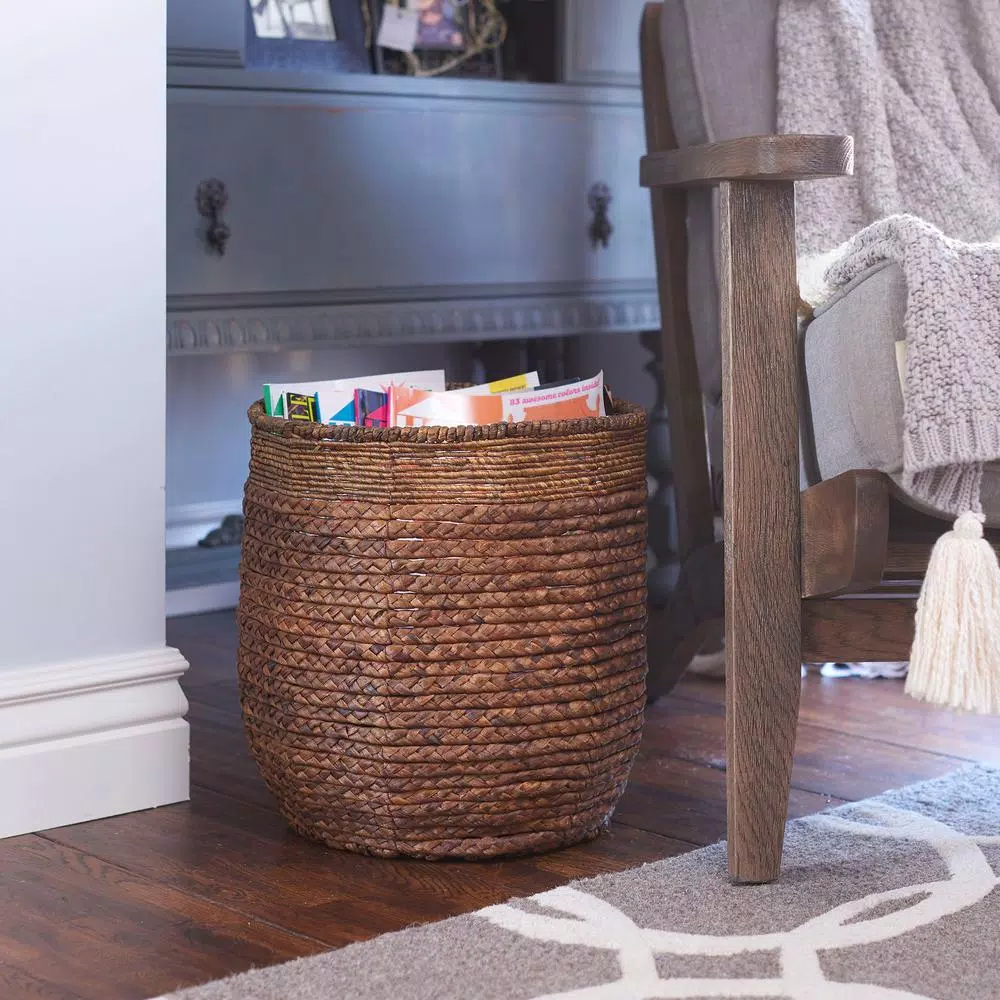 Household Essentials Wicker Water Hyacinth Rimmed Basket Set of 2, Rustic Decorative Storage Baskets and Planters