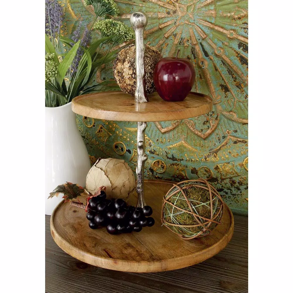 LITTON LANE 2-Tiered Round Mango Wood and Aluminum Tray Stand, Oak Finish
