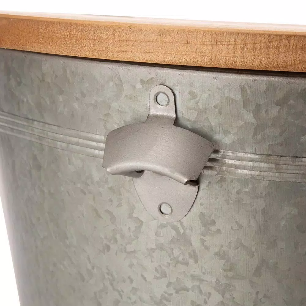 Glitzhome 26.29 in. Gray Galvanized Metal Beverage Tub with Firwood Lid and Metal Stand