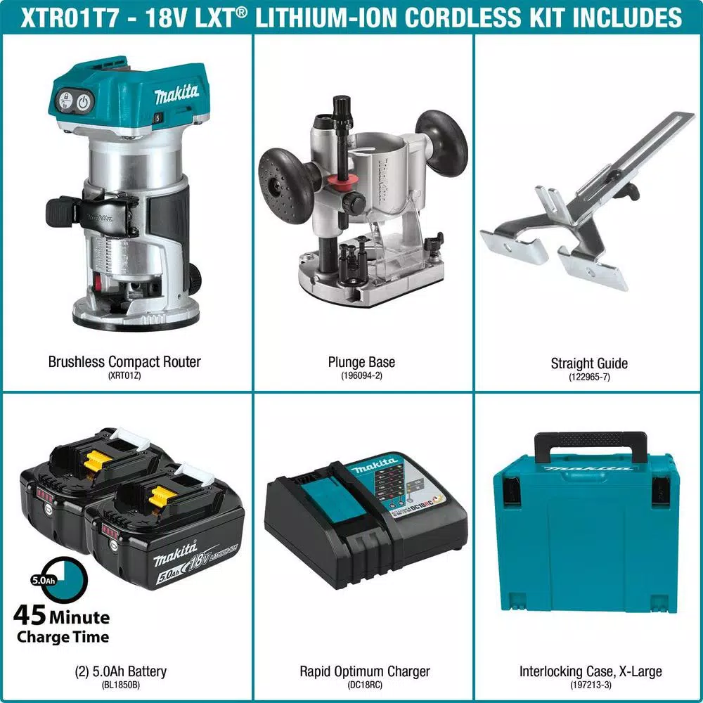 Makita 18V LXT Brushless Cordless Compact Router Kit with 5.0 Ah Batteries (XTR01T7)