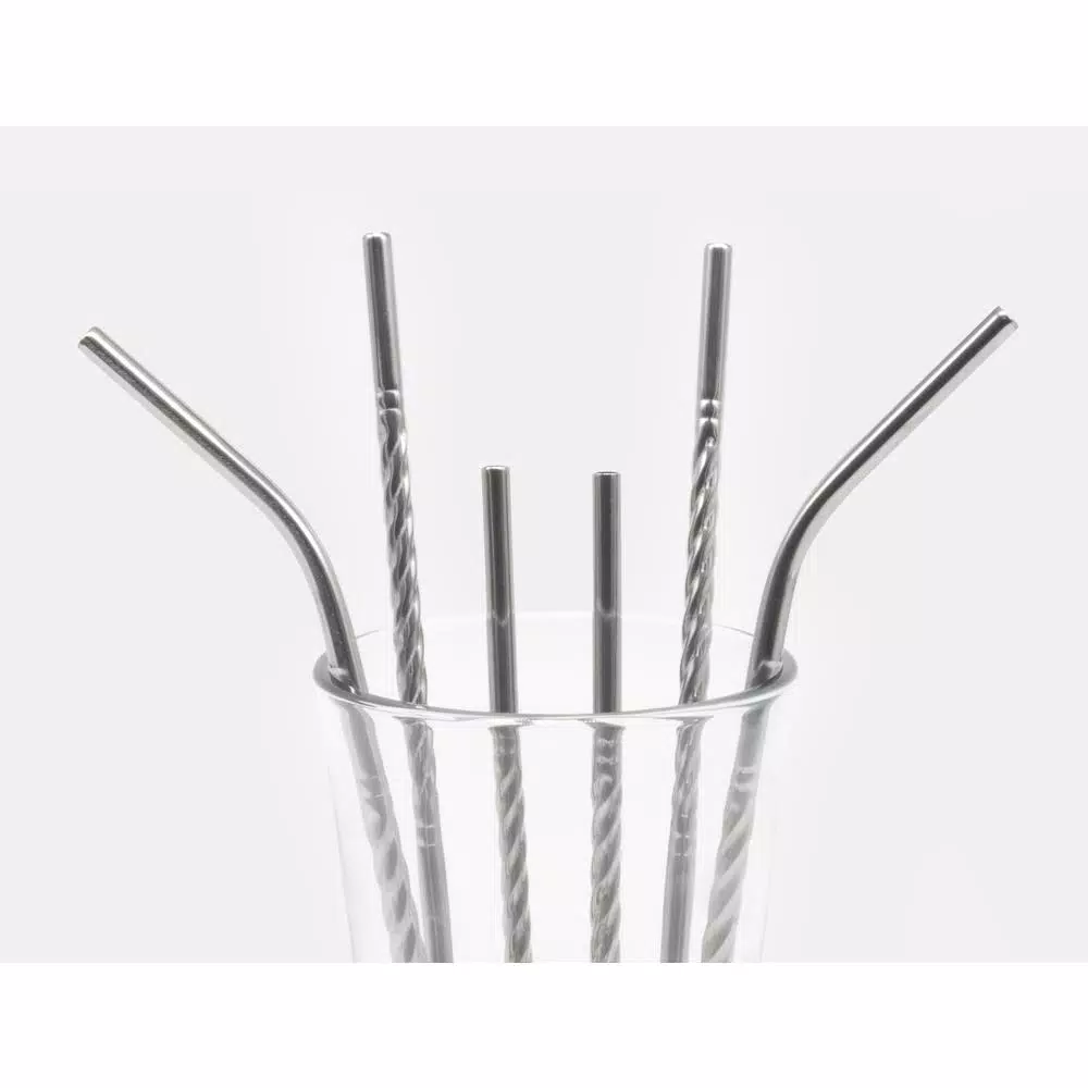 ExcelSteel 14-Piece Reusable Stainless Steel Swirl Straw Set with Cleaning Brushes