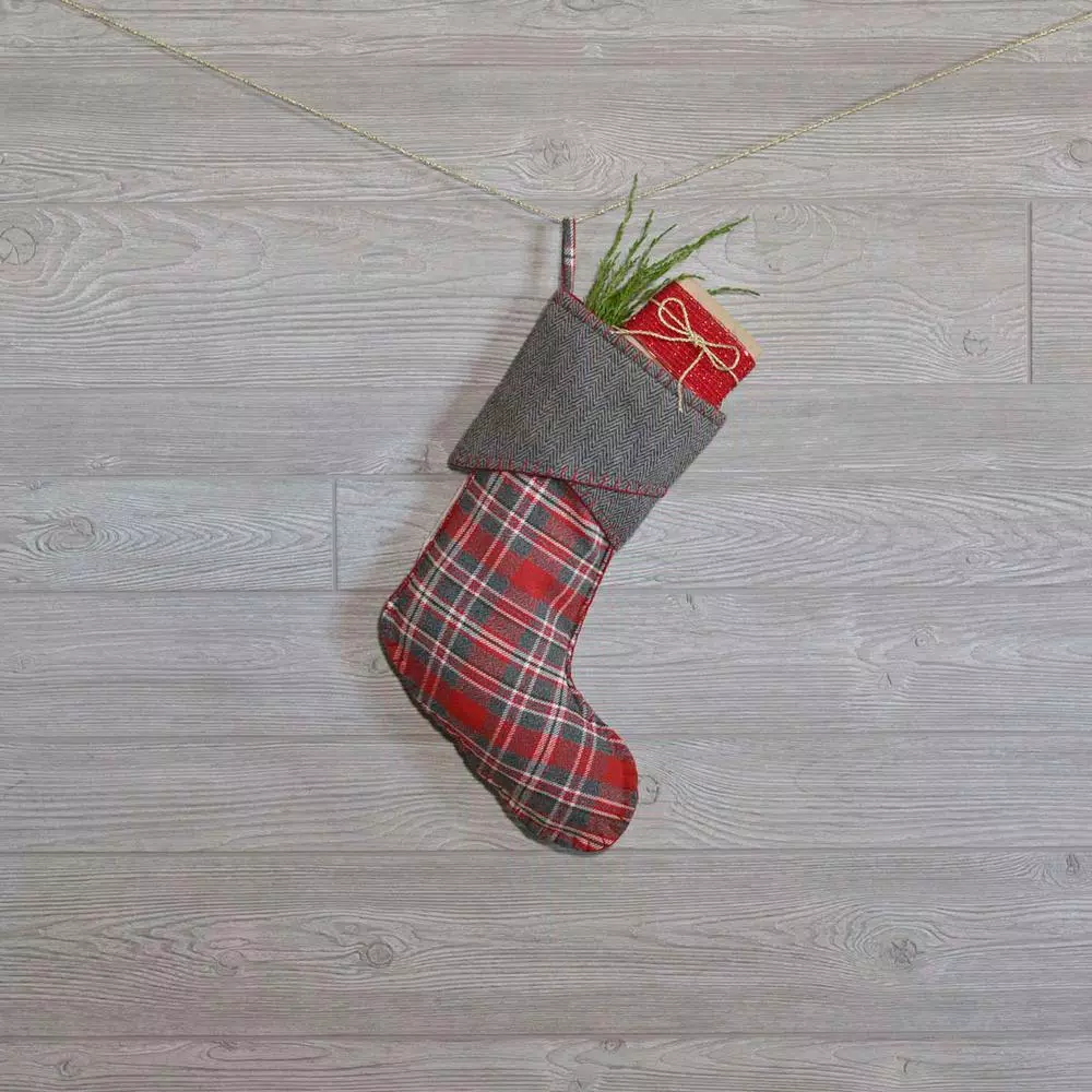 VHC Brands Anderson 15 in. Rustic Christmas Stocking - Cherry Red & Iron Grey Plaid