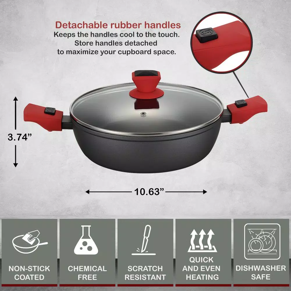 AMERCOOK 10 in. Round 4.5L Nonstick Aluminum Casserole Pan with Glass Lid and Detachable Handles