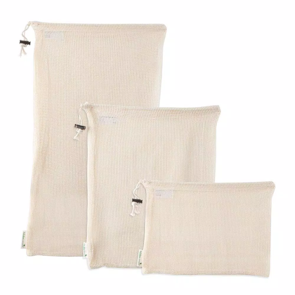 Kitchen Details Natural Cotton Eco Reusable Mesh Produce Bags, 3-Pack