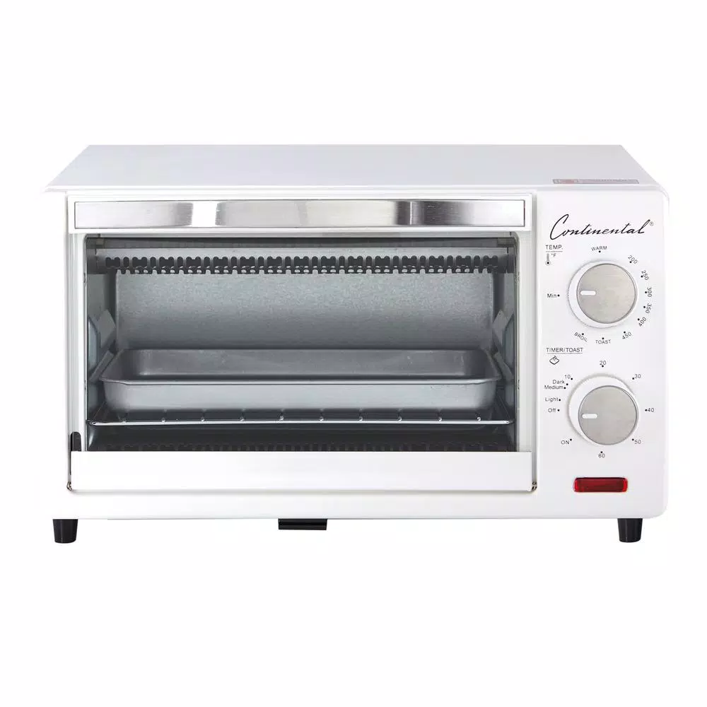 Continental Electric 1000W 4-Slice White Toaster Oven with 60-Minute Timer, Bake & Broil