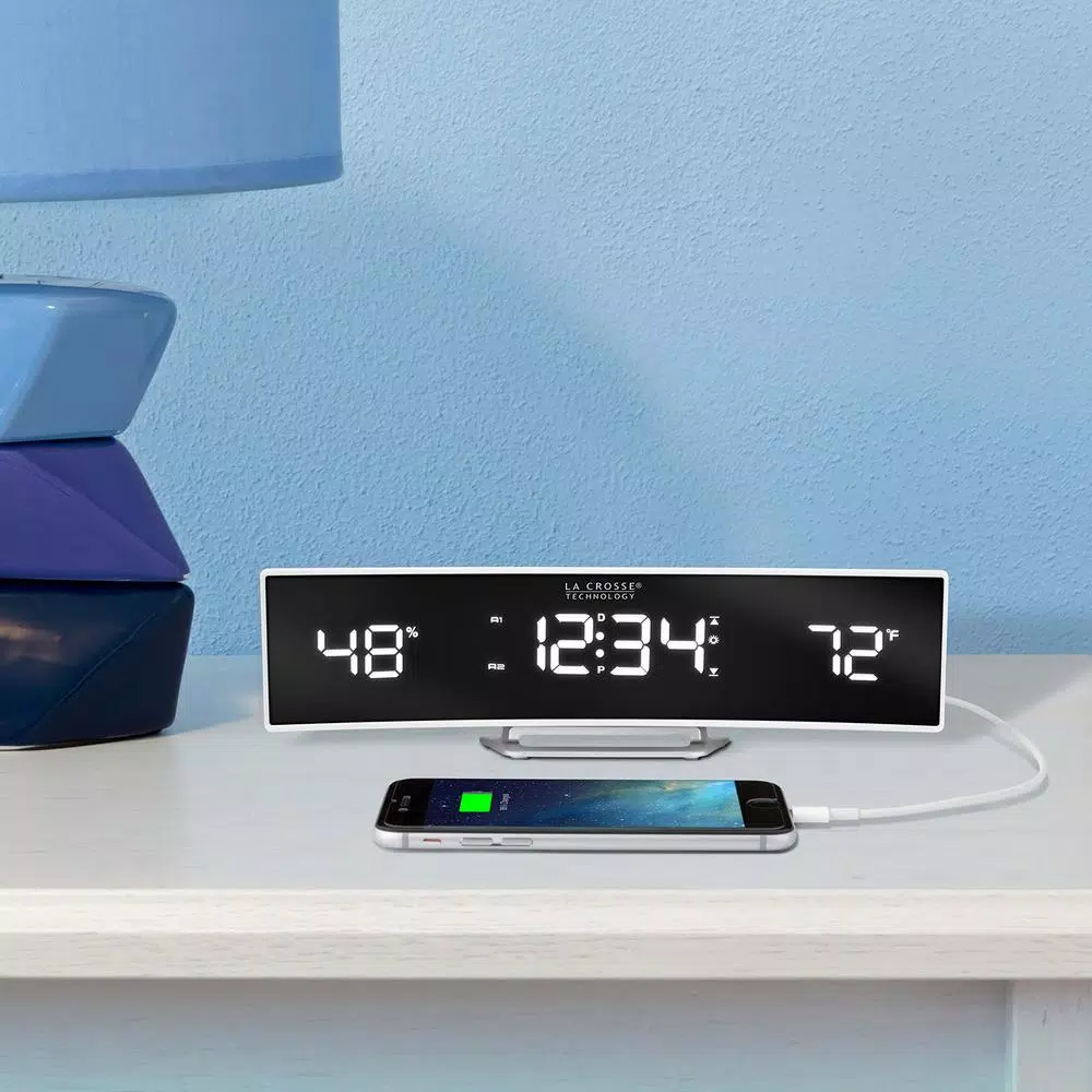 La Crosse Technology White Curved Digital Alarm Clock with Mirrored LED Display, Temperature, Humidity, and USB Charging Port