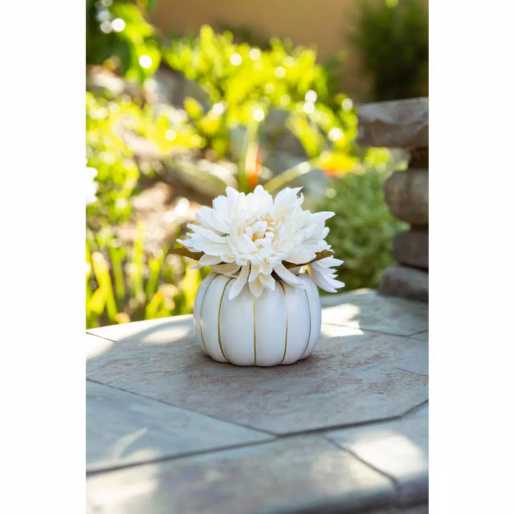Flora Bunda 5.75 in. Cream White Faux Chrysanthemum Arrangement in Ceramic Pumpkin Pot with Gold Trim