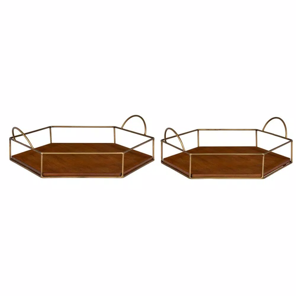 Kate and Laurel Westland Mid-Century Modern Wood and Metal Nesting Tray Set, Brown and Gold