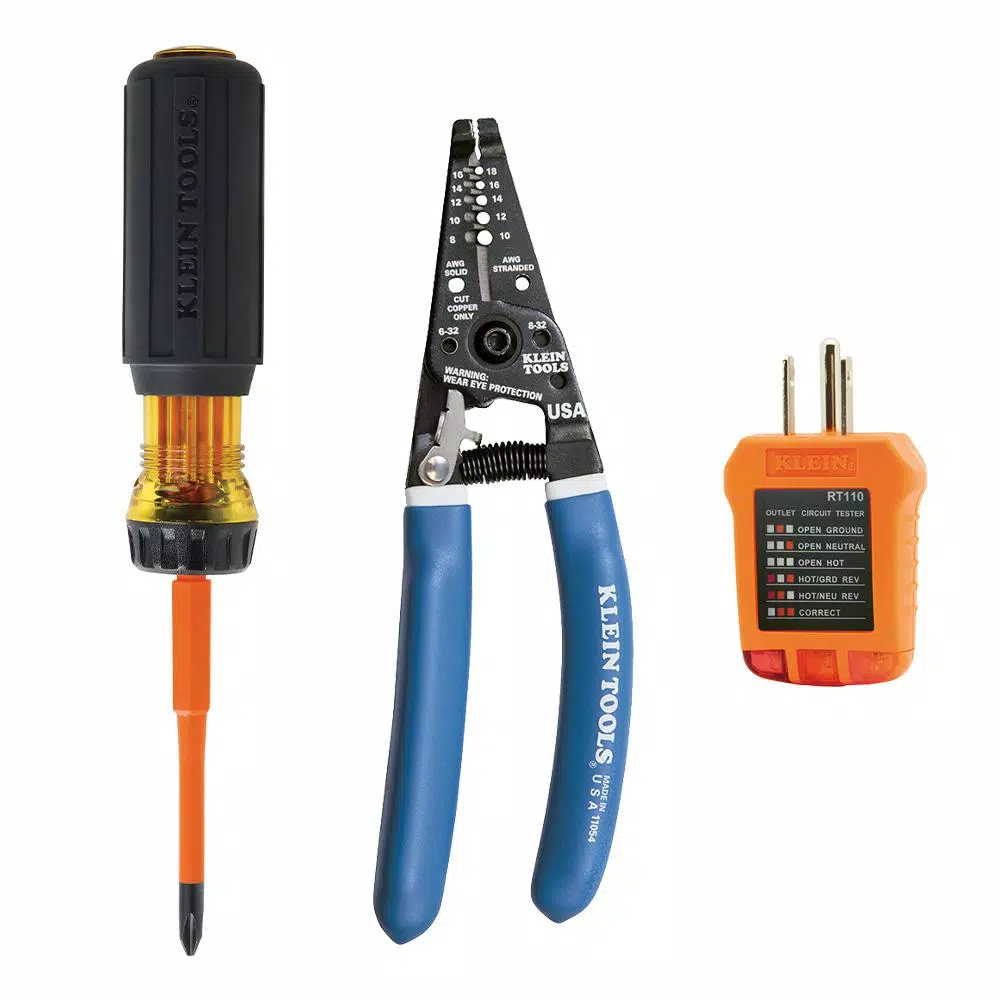 Klein Tools 3-Piece Insulated Electrical Tool Set with Multi-Bit Screwdriver, Wire Strippers and Receptacle Tester