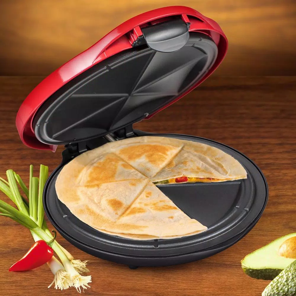 Nostalgia 900W Red Quesadilla Maker with Extra Stuffing Latch and Non-Stick Cooking Surface