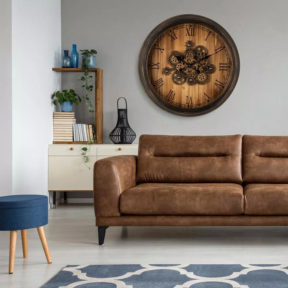 Glitzhome 27.76 in. Vintage Industrial Oversized Wall Clock with Moving Gears and Roman Numerals