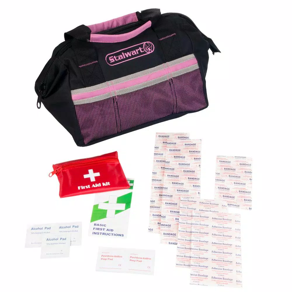 Stalwart 55-Piece Pink Emergency Roadside Assistance Kit with Travel Bag and First Aid Kit