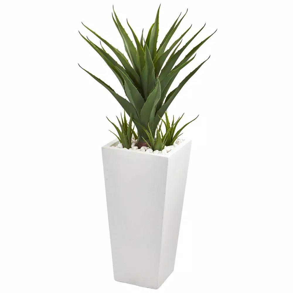 Nearly Natural 40 in. Artificial Spiky Agave Plant in White Tower Planter with Natural Stone Accents