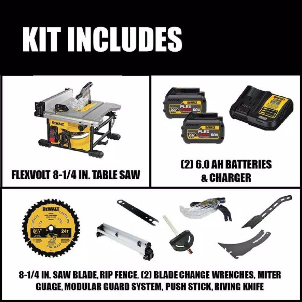 DEWALT FLEXVOLT 60V MAX Cordless Brushless 8-1/4 in. Table Saw Kit with (2) 6.0 Ah Batteries
