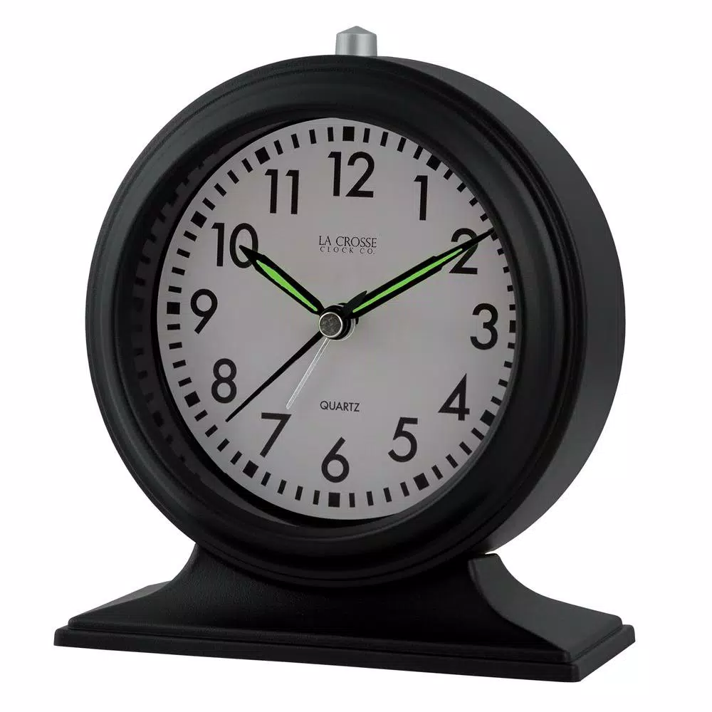 La Crosse Clock Co. Silent Sweep Black Mantel Alarm Clock with Luminous Hands