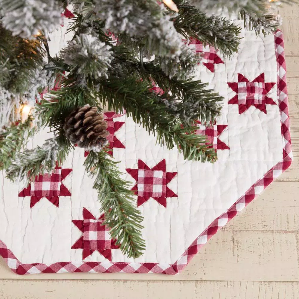 VHC Brands Emmie 21 in. Red Patchwork Christmas Tree Skirt - Hand-Quilted Cotton Farmhouse Decor