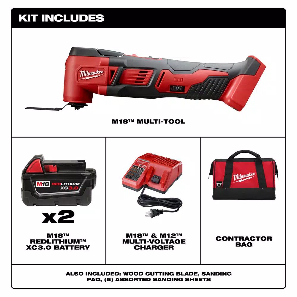 Milwaukee M18 18V Lithium-Ion Cordless Oscillating Multi-Tool Kit with (2) 3.0Ah Batteries, Charger, and Accessories