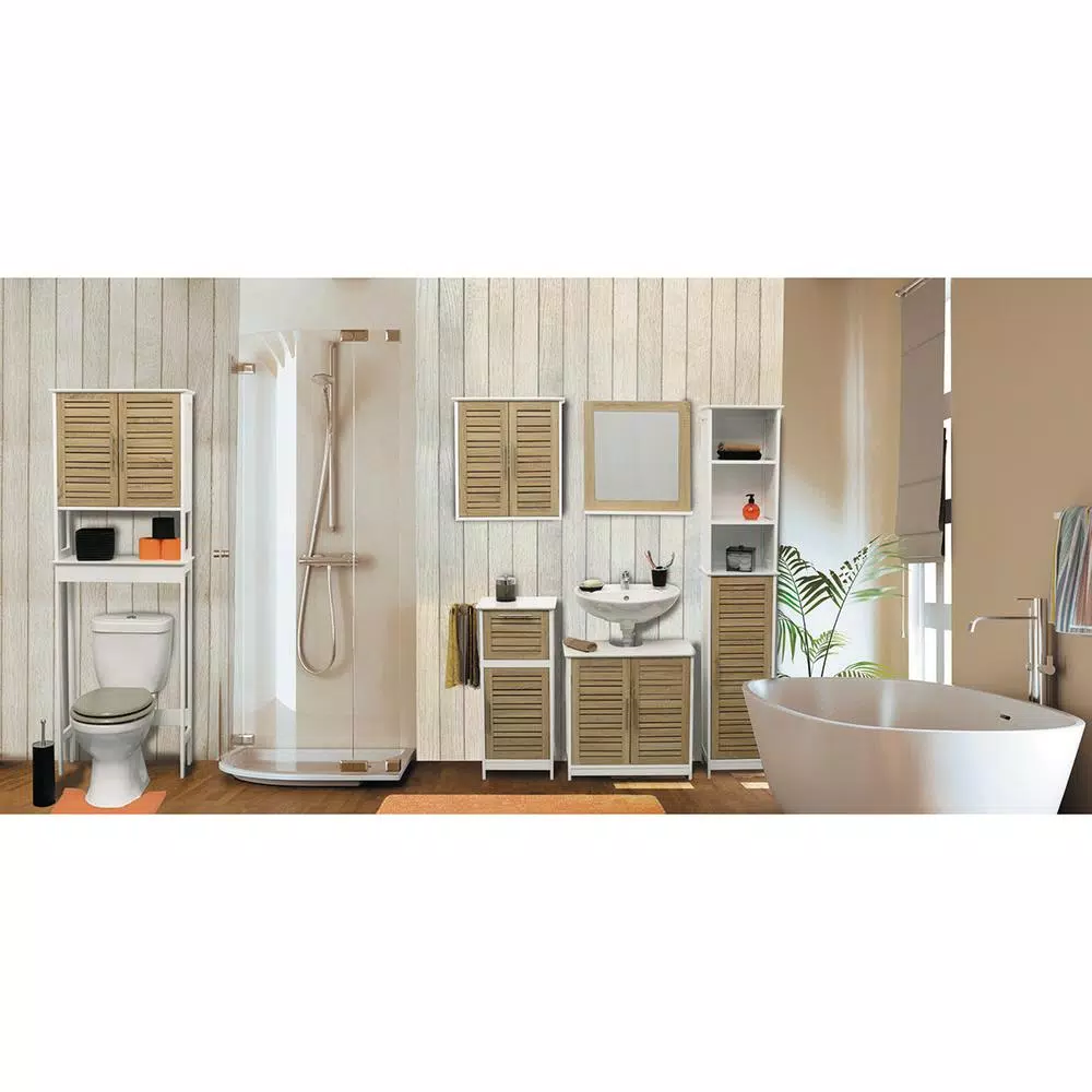 Unbranded Stockholm 2-in-1 Freestanding Toilet Paper Holder and Storage Cabinet, Brown Oak & White