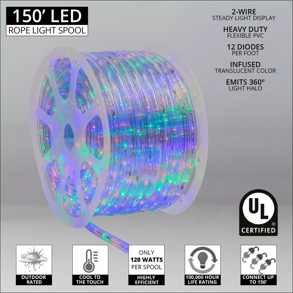Wintergreen Lighting 150 ft. Multi-Color LED Rope Light Kit, 1800 Lights, Dimmable & Weather Resistant