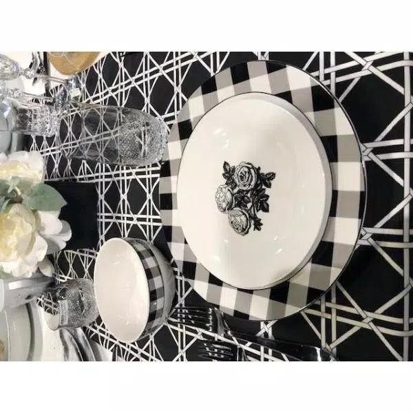 Godinger Damier 12-Piece Porcelain Dinnerware Set, Black and White Checkerboard Design, Service for 4