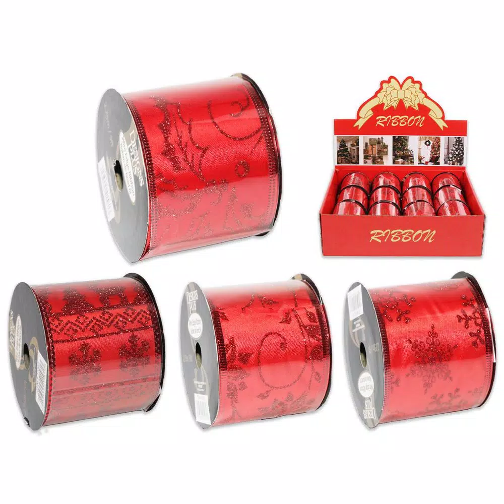 Unbranded 2.5 in. x 9 ft. Red Embossed Wire Edge Christmas Ribbon, 24-Pack